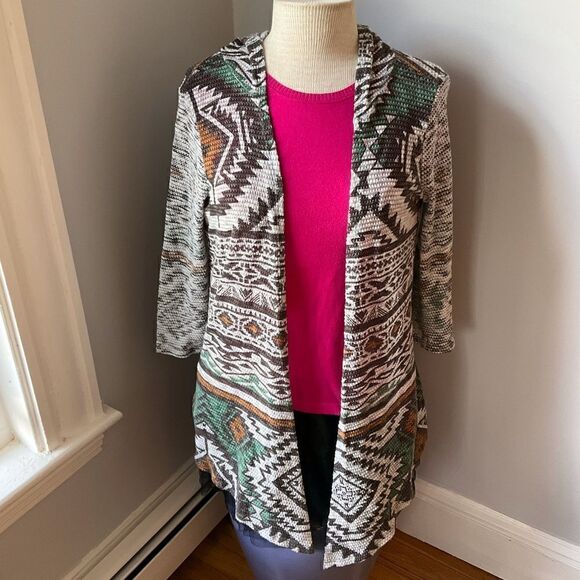 Aztec Boho Sweater. Hooded Western Style Duster. Cool! Med. Light Shacket hippie - Picture 1 of 8